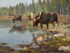 an oil painting of two cows drinking water