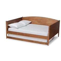 a wooden bed frame with white sheets and pillows on the bottom, in front of a white background