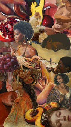 a collage of women and men surrounded by fruit