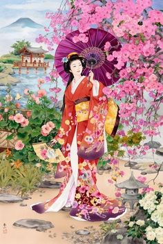 a woman with an umbrella in front of flowers