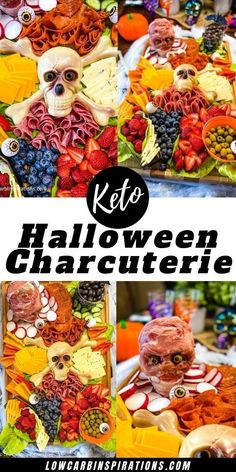 halloween food is arranged in the shape of a skull and fruit platter with text overlay that reads keto halloween charcuterie