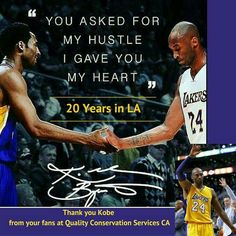 two basketball players shaking hands in front of an ad for the los lakers's 20 years in la