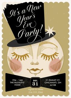 a new year's eve party poster with an image of a woman wearing a top hat