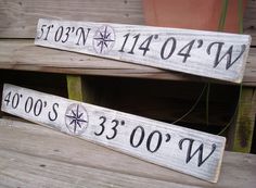 two wooden signs with numbers on them sitting next to each other