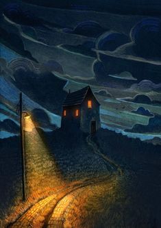 a painting of a house on a hill with a light at the end of it