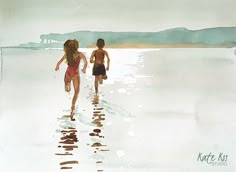 two children are running in the water at the beach, one is wearing a bathing suit