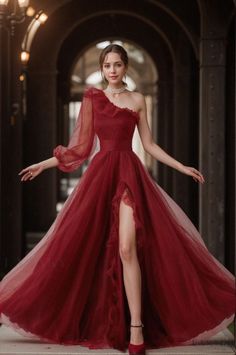 Lasaky - Long-Sleeve One-Shoulder Evening Gown with Slit, Perfect for Hosting and Runway Shows Maxi Dress Outfit, Princess Skirt, Tulle Evening Dress, Tulle Sleeves, Tulle Prom Dress, Looks Chic, Wedding Dress Styles, Fashion Colours, Prom Dresses Long