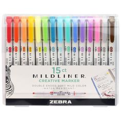 zebra marker pen set in display box with markers and pencils on the inside of it