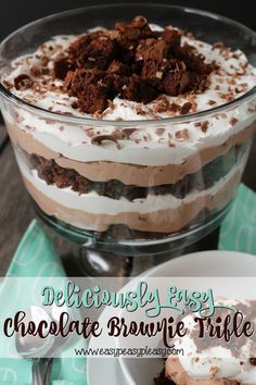 a chocolate brownie trifle in a glass dish