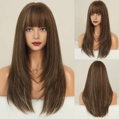 PARK YUN Long Honey Blonde Wig with Bangs, 24 Inch Layered Synthetic Wigs for Women, #AD, ##Women, #SPONSORED, #Wigs, #Synthetic, #Lay Women Bangs Haircut, Girl Haircut Long, Straight Bangs With Long Hair, Vogue Hairstyles, Long Straight Hair With Bangs, Emo Cosplay, Latest Hairstyle For Girl, Girl Emo, Wigs Blonde