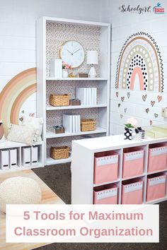 a room filled with lots of white furniture and pink storage containers on top of shelves