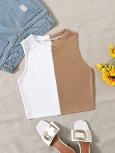 Multicolor Casual   Polyester Colorblock Tank  Slight Stretch Summer Women Tops, Blouses & Tee Crop Tops With Jeans, Polo Aesthetic, Kurti With Jeans, Crop Top With Jeans, Cute Comfy Outfits, Latest African Fashion Dresses