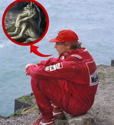 a man sitting on top of a rock next to the ocean with an image of a woman