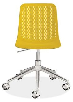 a yellow office chair with wheels on an isolated white background