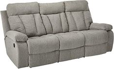 the reclining sofa is made from grey fabric and has two arms that are folded back