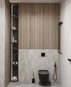 a modern bathroom with wood paneling and black fixtures on the wall, along with an open shelving unit