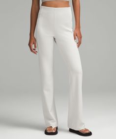 Luxury Look, Lounge Feel. These Flared Pants Are Soft On The Outside And Sleek Next To Skin. Designed For Casual. Flares Out From The Knee To Hem:33" Inseam, Intended To Skim The Floor For Heights Of 55"-58". Back Drop-In Pocket. Wide, Ribbed Internal Waistband Is Soft Next To Skin, Stays Put, And Creates A Sleek Look. | Ribbed Softstreme Flared Pant Regular Sequin Flare Pants, Striped Flare Pants, Women Activities, Luxury Look, Flared Leggings, 2024 Style, Lululemon Pants, Black Luxury, Peach Fuzz