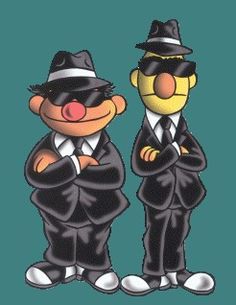 two cartoon characters dressed in black suits and hats, one with his arms crossed while the other wears a hat