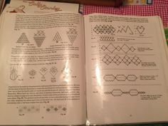 an open book with cross stitch designs on it's pages and instructions to make them