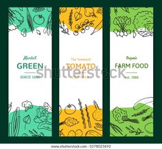 three vertical banners with different vegetables and fruits on the green background, hand drawn style