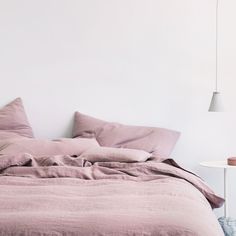 A bed dressed in Dusk bed linen Hollywood Bungalow, Pure Linen Bedding, Bedroom Vibes, Between The Sheets, Zen Bedroom, Buy House, Linen Sheet Sets, Over The Bed, Linen Duvet Cover