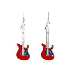 a pair of red guitar shaped earrings with silver earwires hanging from the ends