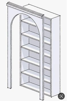 an open bookcase with shelves and doors on each side, viewed from the front