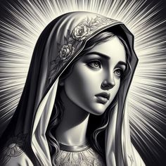 a black and white image of the virgin mary with flowers on her head, wearing a veil