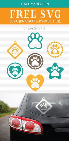 a car with paw prints on it and the words free svg in different colors