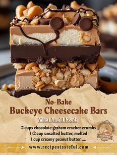 no bake buckeye cheesecake bars are stacked on top of each other with nuts