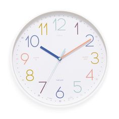 a white clock with multicolored numbers on it's face is shown against a white background