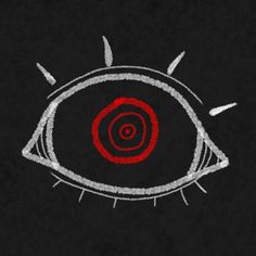 an eye drawn in chalk on a black paper with white and red lines around it