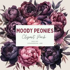 a bouquet of flowers with the words moody peonies clipart pack