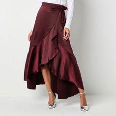 Amp up the glamor with this Ryegrass women's satin wrap skirt. Featuring a dramatic ruffled high low length and waist tie, you'll make a statement at the office or your next night out paired with a blouse or fitted top. Front Style: Flat FrontClosure Type: ButtonClosure Location: Right SideRise: High RiseApparel Length: 39 InchesFiber Content: 96% Polyester, 4% SpandexFabric Description: SatinLining: UnlinedSkirt Length: High Low LengthCare: Machine WashSkirt Type: Wrap SkirtsCountry of Origin: High Low Wrap Skirt, Satin Wrap Skirt, Skirt Purple, Wrap Skirts, Wrap Skirt, Waist Tie, High & Low, High Low, Night Out