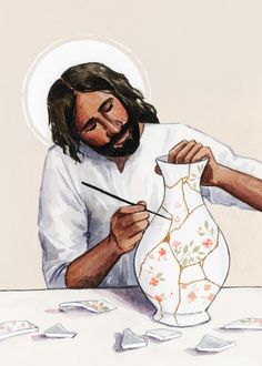 a man is painting a vase with paintbrushes