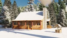 a cabin in the middle of winter with snow on the ground and trees around it