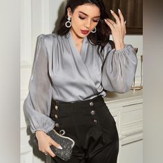 Features: Ruched Sheer: Opaque Stretch: No Stretch Material Composition: 100% Polyester Care Instructions: Machine Wash Cold. Tumble Dry Low. Imported Product Measurements: S: Front Length 24.2 In, Sleeve Length 25.4 In, Bust 37.8 In M: Front Length 24.6 In, Sleeve Length 25.7 In, Bust 39.4 In L: Front Length 25.2 In, Sleeve Length 26.2 In, Bust 41.7 In Xl: Front Length 25.7 In, Sleeve Length 26.7 In, Bust 44.1 In **Expect 5-10 Business Days For Orders To Ship Outbundle And Save! Discount Of 30% Silk Long Sleeve Blouse, Classic Blouses, Stil Elegant, Balloon Sleeve Blouse, Saint John, Bishop Sleeve, Satin Blouse, Mesh Long Sleeve, Pullover Shirt