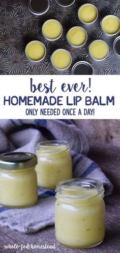 homemade lip balm recipe with text overlay that reads best ever homemade lip balm only need once a day