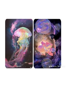 two pictures of jellyfishs in the water with bubbles and stars on them, one is