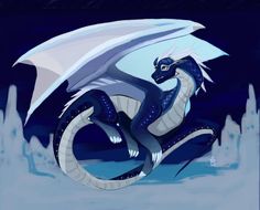 a blue and white dragon sitting in the snow