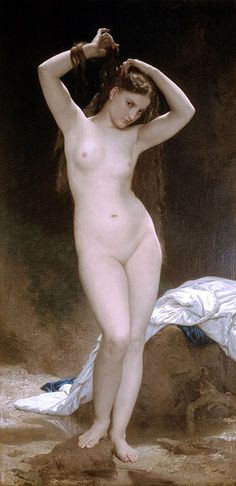 a painting of a naked woman standing in the sand with her hands on her head