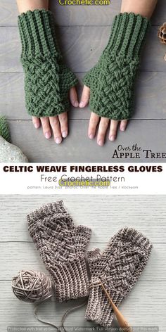 an image of knitted fingerless gloves with text