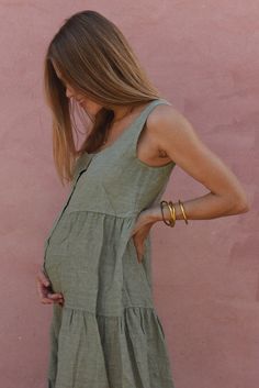 The Willow Dress // Sage Linen Button Down Dress, Summer Pregnancy Outfits, Willow Dress, Bump Ahead, Linen Kaftan, Muslin Dress, Mama Cloth, Shower Outfits, Dress Sage