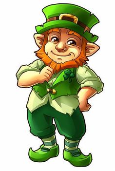 a cartoon leprezi man wearing green pants and a hat with his hands on his hips