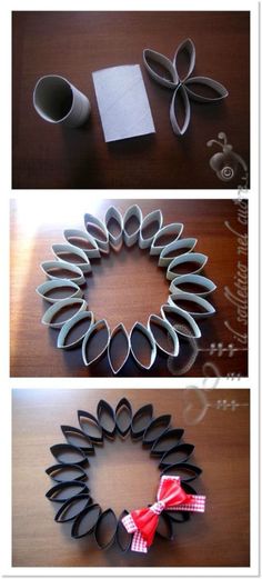 three different views of the process of making a paper wreath