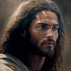 a painting of jesus with long hair and blue eyes