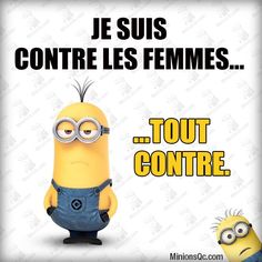 a minion is standing next to a sign that says je suis contre les fermes