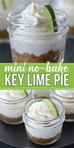 This mini key lime pie in a jar is an easy no-bake treat to whip up in just 20 minutes! Your spring treats to make must have these little pies. Made in mason jars, this no-bake key lime pie is a cute and delicious summer dessert for any celebration! Key Lime Pie In Mason Jars, Key Lime Pie Jars, Key Lime Pie Mini Dessert Cups, Key Lime Pie In A Jar, No Bake Key Lime Pie In A Jar, Cake In Jars Recipe, Dessert For Bridal Shower Sweets, Mason Jar Pudding Desserts, Bunco Dessert Ideas