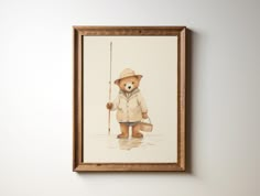 a painting of a teddy bear holding a fishing pole