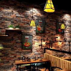 a restaurant with brick walls and wooden tables